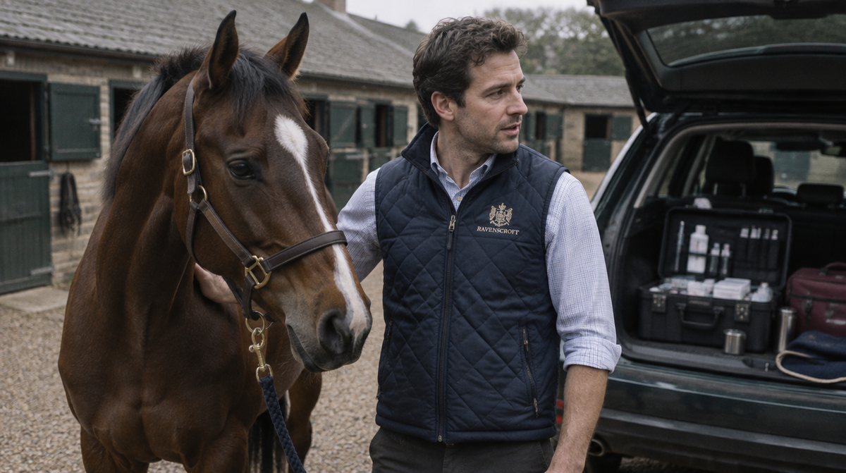 An equine vet at a stable yard in an embroidered navy gilet