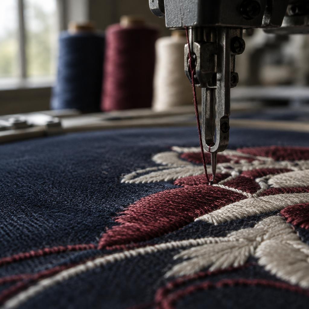 An embroidery needle caught mid-stitch on navy fabric