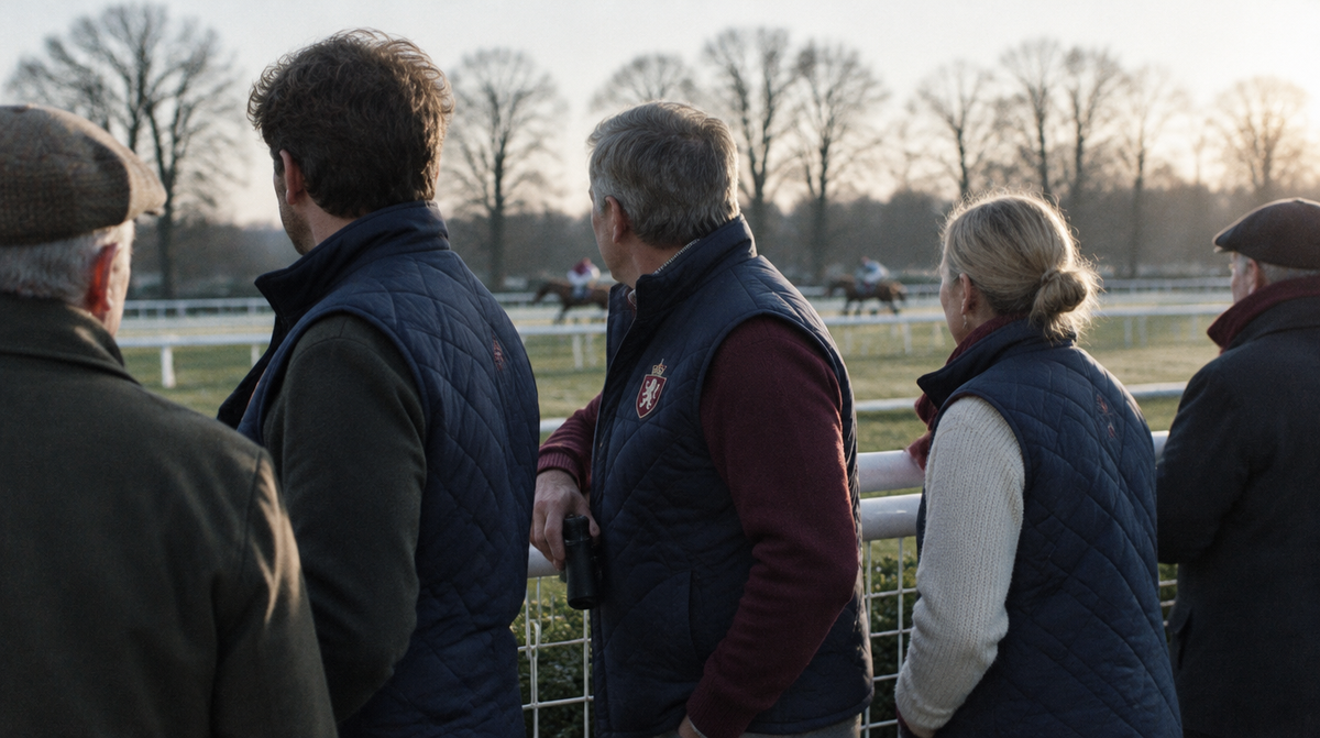Racehorse owners at the rail in matching embroidered navy gilets