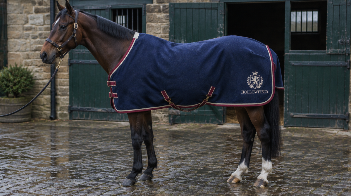A thoroughbred in a stable yard wearing an embroidered navy paddock sheet