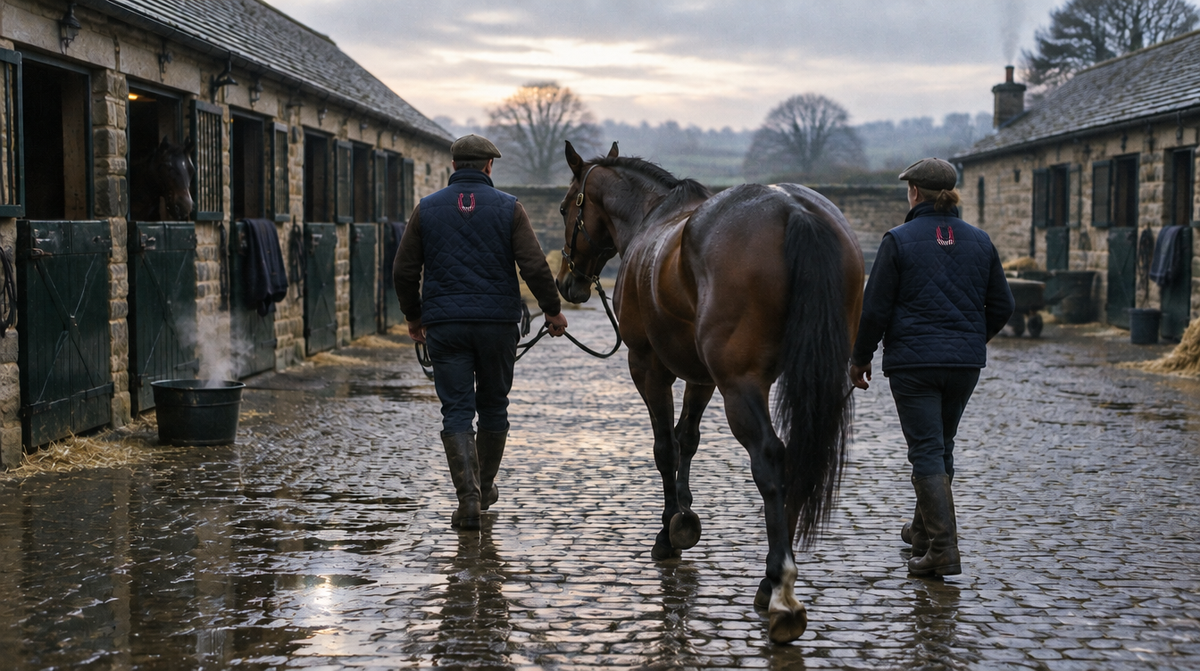 Stable staff in embroidered navy gilets leading a horse across a yard at dawn