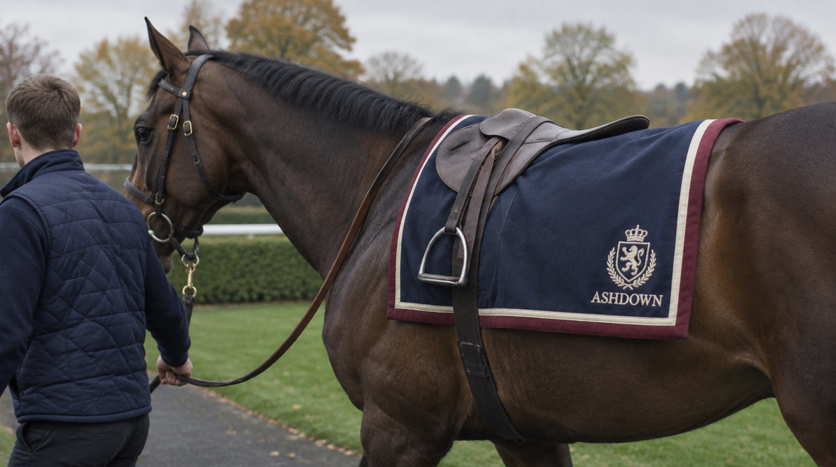 A racehorse led round the parade ring in an embroidered navy saddlecloth