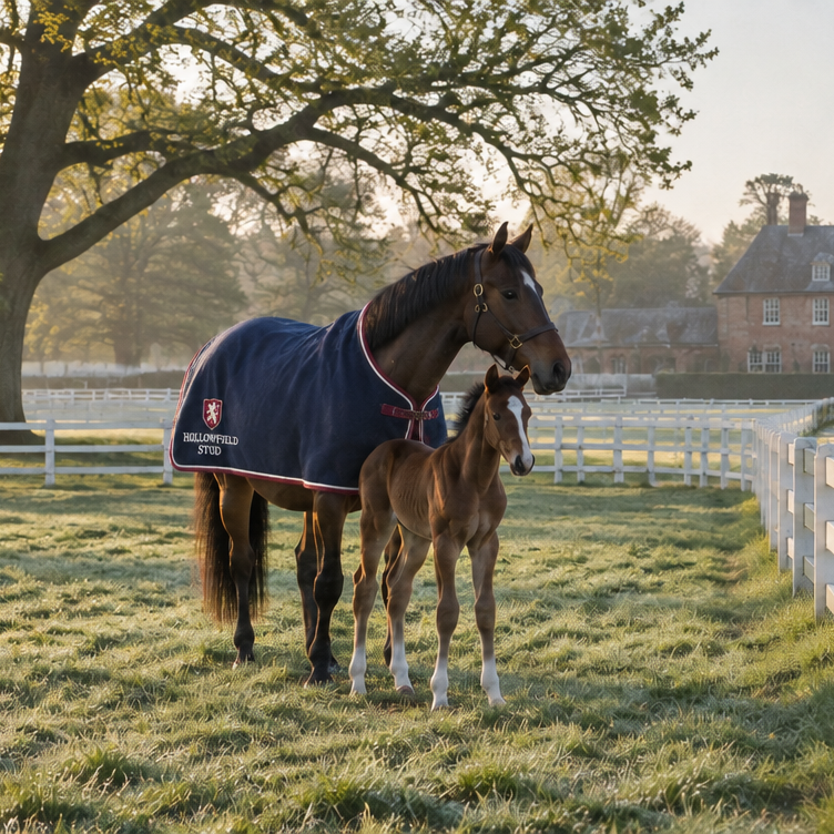 A mare and foal in a paddock, the mare wearing an embroidered paddock sheet