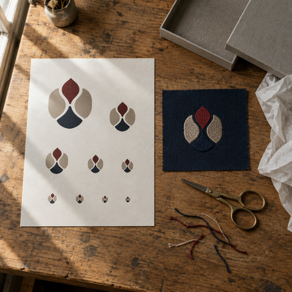 A proof sheet, stitch-out sample and boxed presentation on a workbench