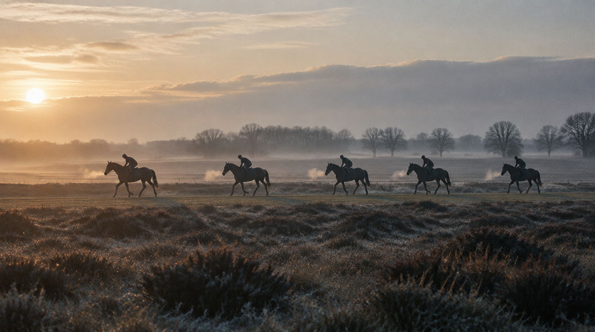 A string of racehorses walking the gallops at first light