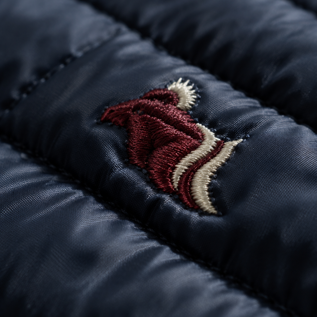 Macro detail of embroidery on a quilted navy gilet panel